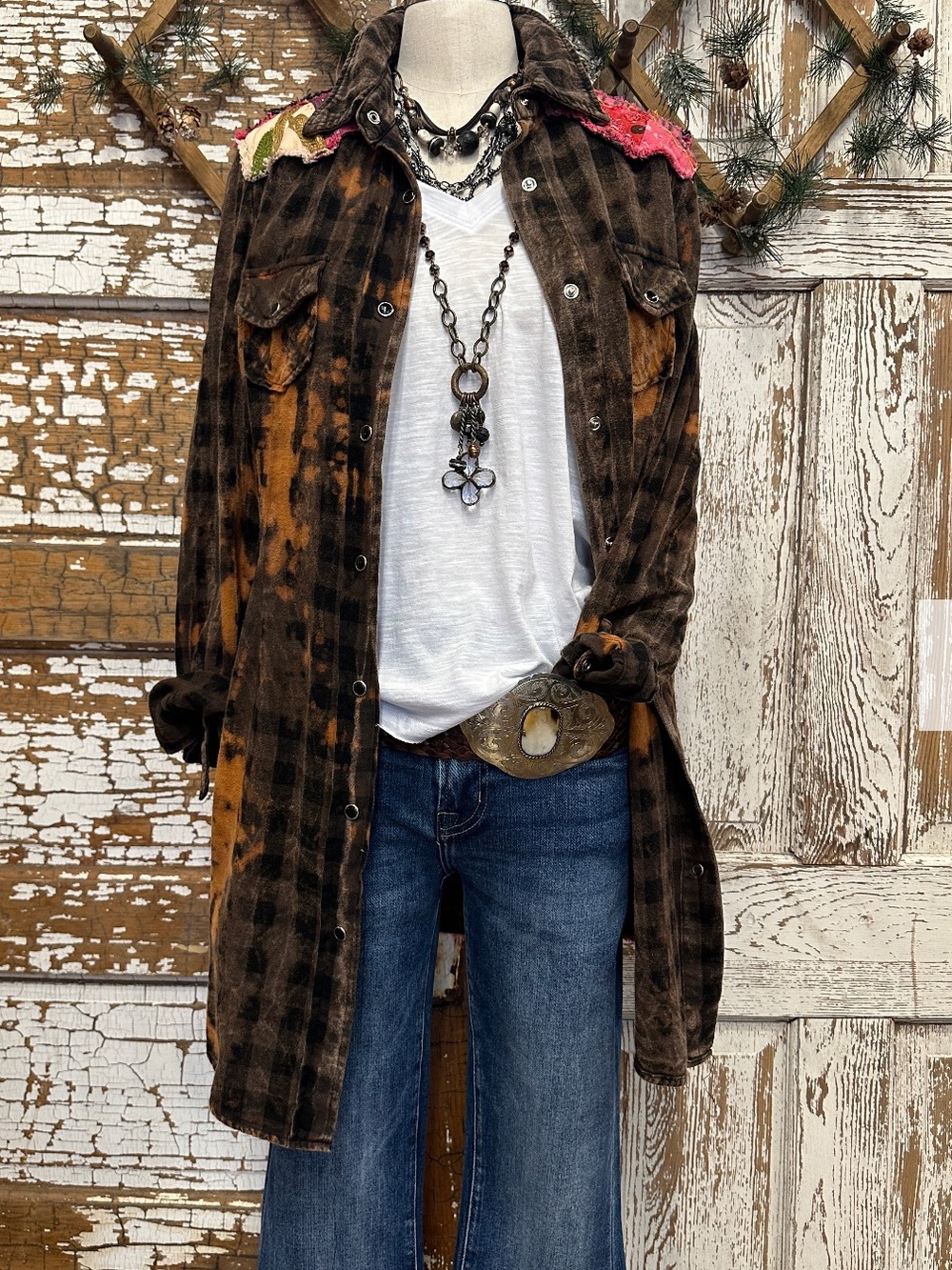 The Nu Vintage Tye Dyed Long Plaid Snap front Shirt Jacket in Brown
